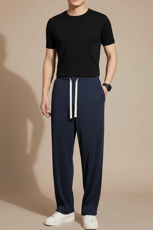 Pantalon Fluide Bleu Marine Plissé Droit Cordon Homme - Polyester