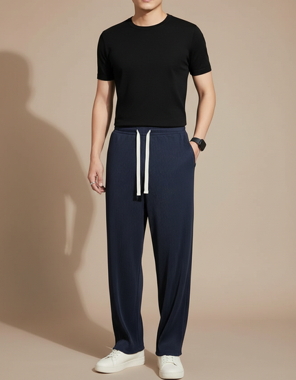 Pantalon Fluide Bleu Marine Plissé Droit Cordon Homme - Polyester