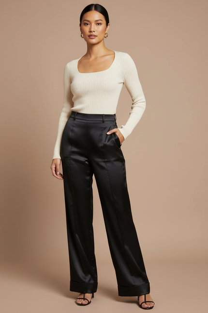 Pantalon Fluide Noir Satiné Taille Haute Ample Élégant
