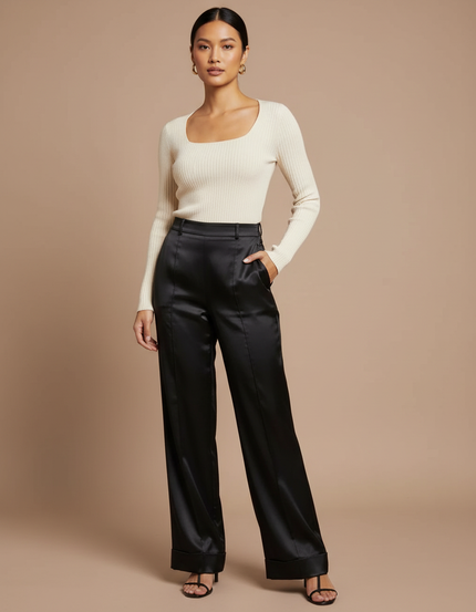 Pantalon Fluide Noir Satiné Taille Haute Ample Élégant