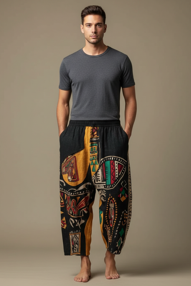 Pantalon Fluide Ethnique Noir Jaune Ample Imprimé Tribal - Multicolore Toile