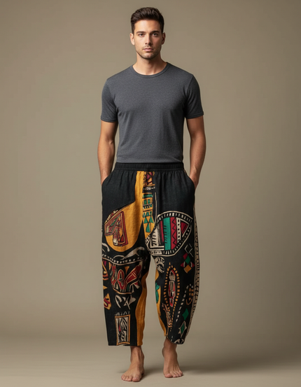 Pantalon Fluide Ethnique Noir Jaune Ample Imprimé Tribal - Multicolore Toile