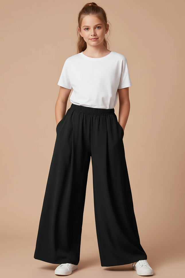 Pantalon Fluide Noir Ample Taille Élastique Plissé - Polyester