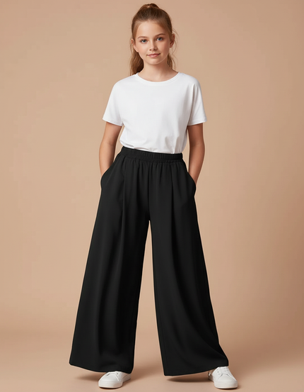 Pantalon Fluide Noir Ample Taille Élastique Plissé - Polyester