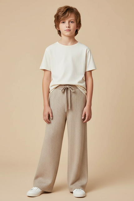 Pantalon Fluide Beige Chevrons Tricoté Ample Décontracté Enfant - Maille