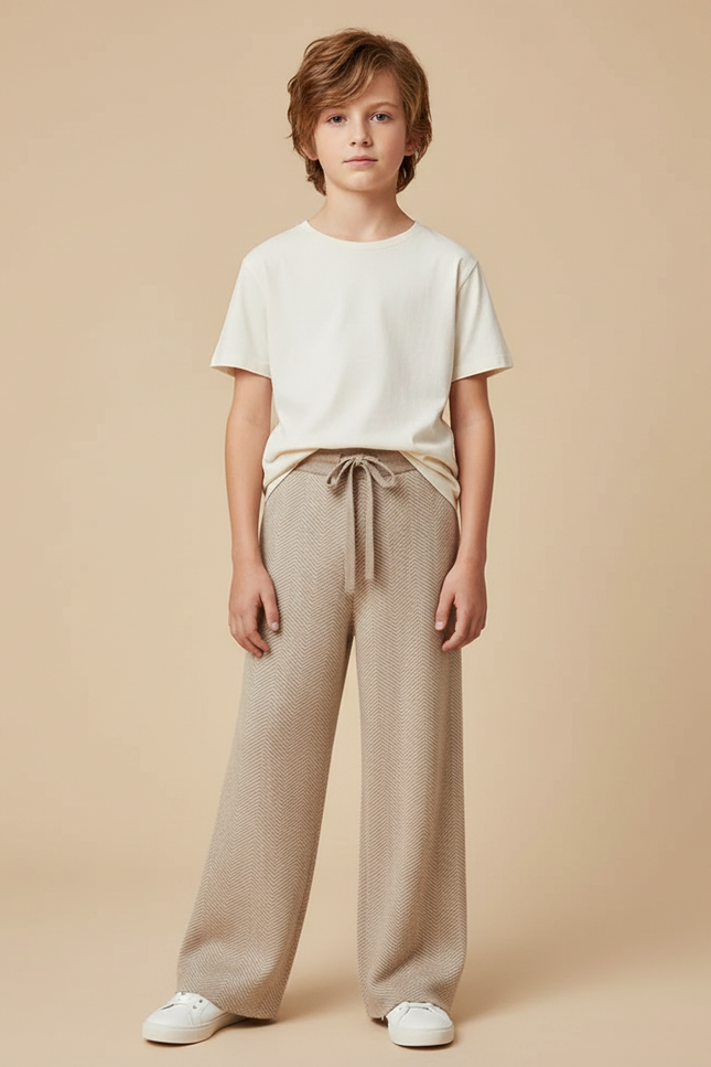 Pantalon Fluide Beige Chevrons Tricoté Ample Décontracté Enfant - Maille