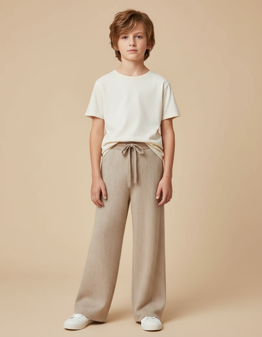 Pantalon Fluide Beige Chevrons Tricoté Ample Décontracté Enfant - Maille