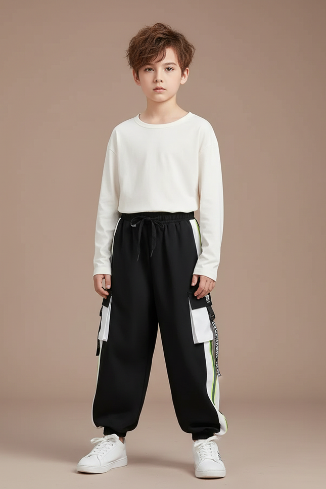 Pantalon Fluide Noir Cargo Bandes Blanches Vertes - Molleton