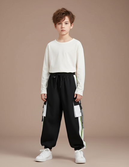 Pantalon Fluide Noir Cargo Bandes Blanches Vertes - Molleton
