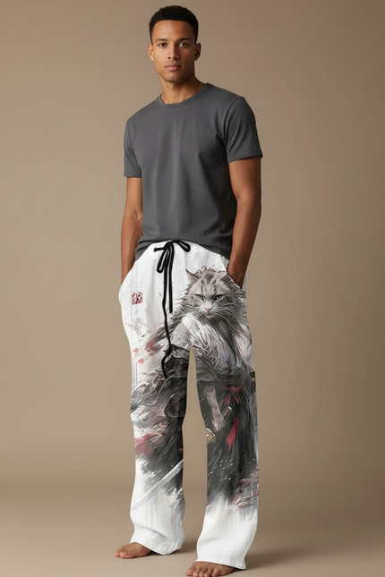Pantalon Fluide Blanc Ample Imprimé Chat Samouraï - Lin