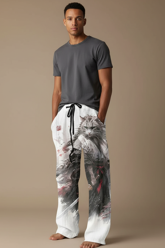 Pantalon Fluide Blanc Ample Imprimé Chat Samouraï - Lin