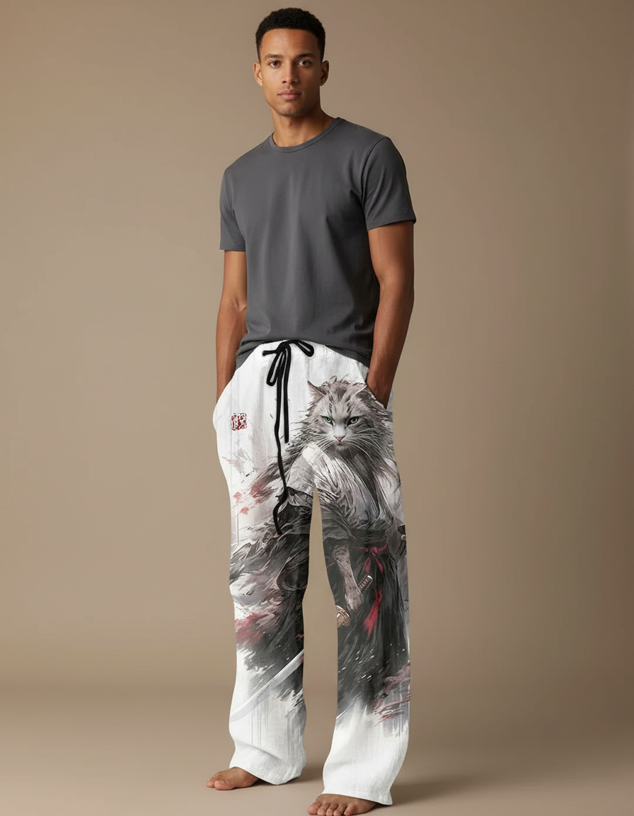 Pantalon Fluide Blanc Ample Imprimé Chat Samouraï - Lin