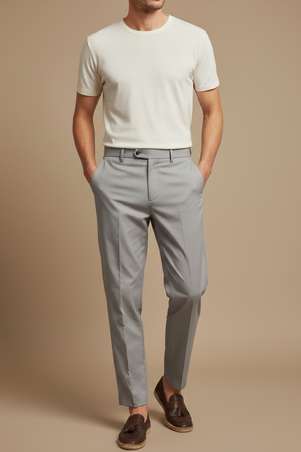 Pantalon Fluide Gris Clair Droit Élégant Homme - Polyester