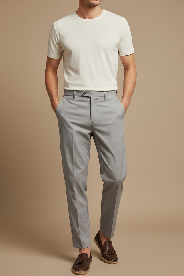 Pantalon Fluide Gris Clair Droit Élégant Homme - Polyester