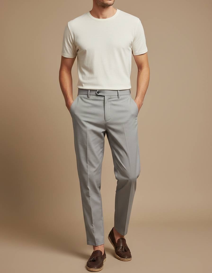 Pantalon Fluide Gris Clair Droit Élégant Homme - Polyester