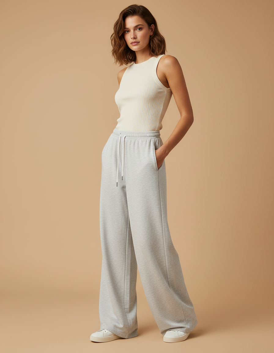 Pantalon Fluide Gris Ample Décontracté Cordon Poches - Molleton