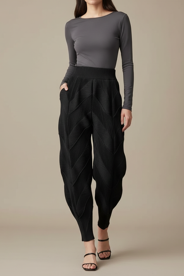 Pantalon Fluide Plissé Noir Ample Chevrons Femme Élégant - Polyester
