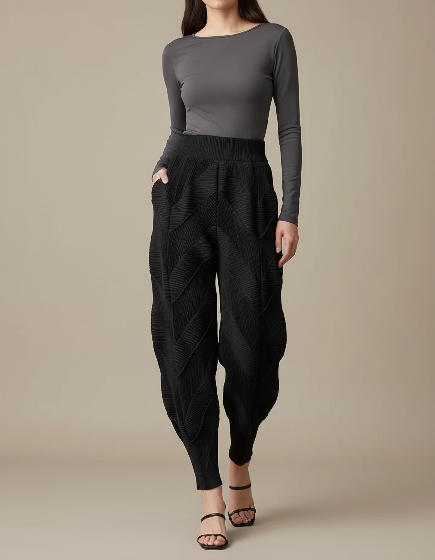 Pantalon Fluide Plissé Noir Ample Chevrons Femme Élégant - Polyester