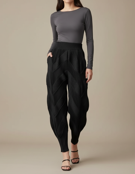 Pantalon Fluide Plissé Noir Ample Chevrons Femme Élégant - Polyester