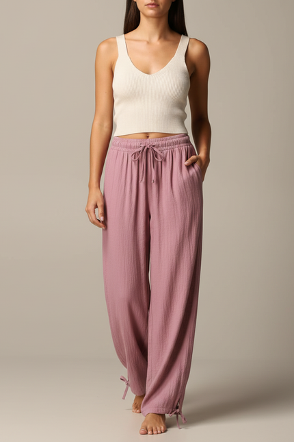 Pantalon Fluide Rose Ample Coton Lin Cordon Femme