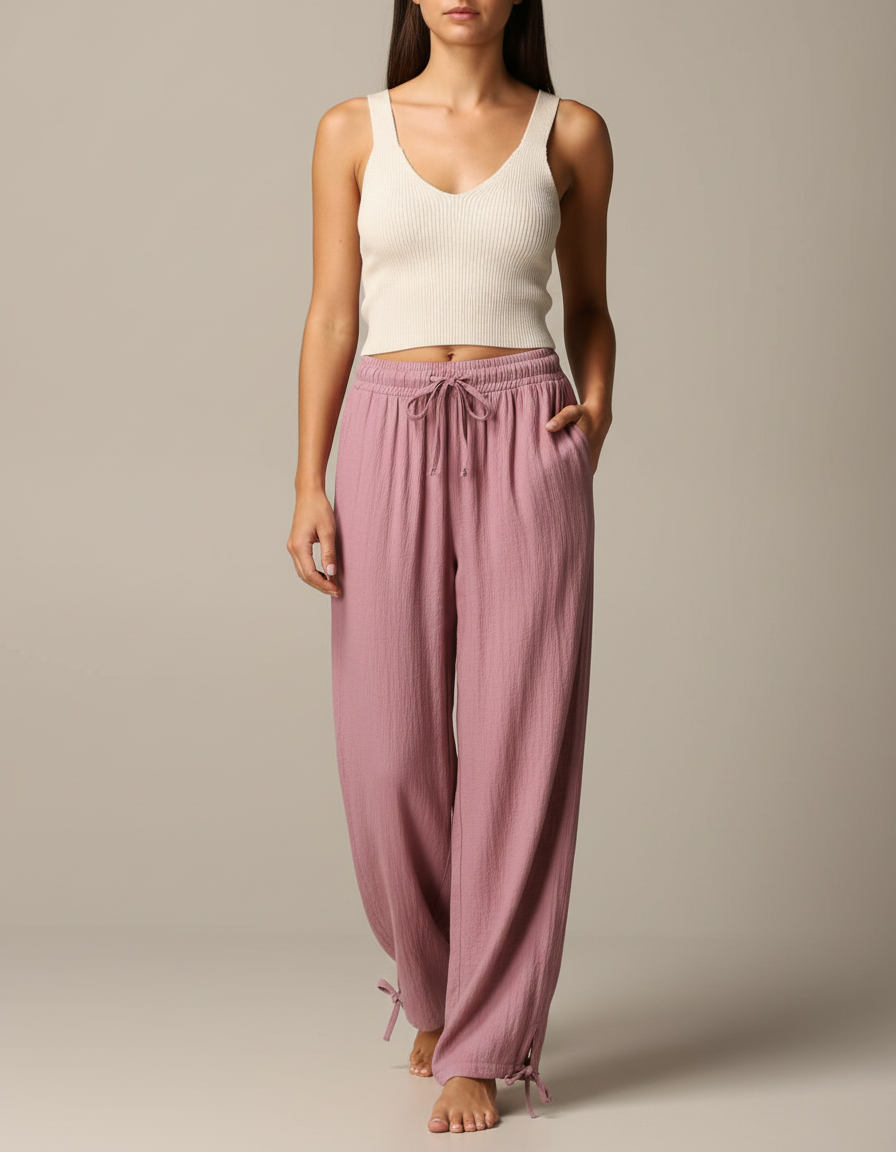Pantalon Fluide Rose Ample Coton Lin Cordon Femme