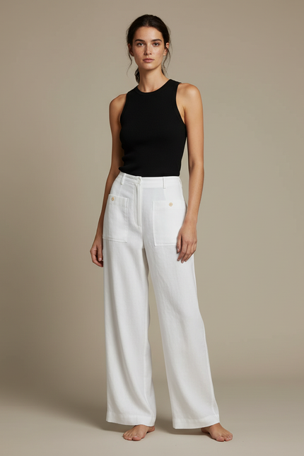 Pantalon Fluide Blanc Ample Coton Lin Décontracté