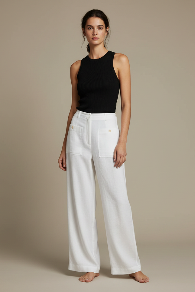 Pantalon Fluide Blanc Ample Coton Lin Décontracté