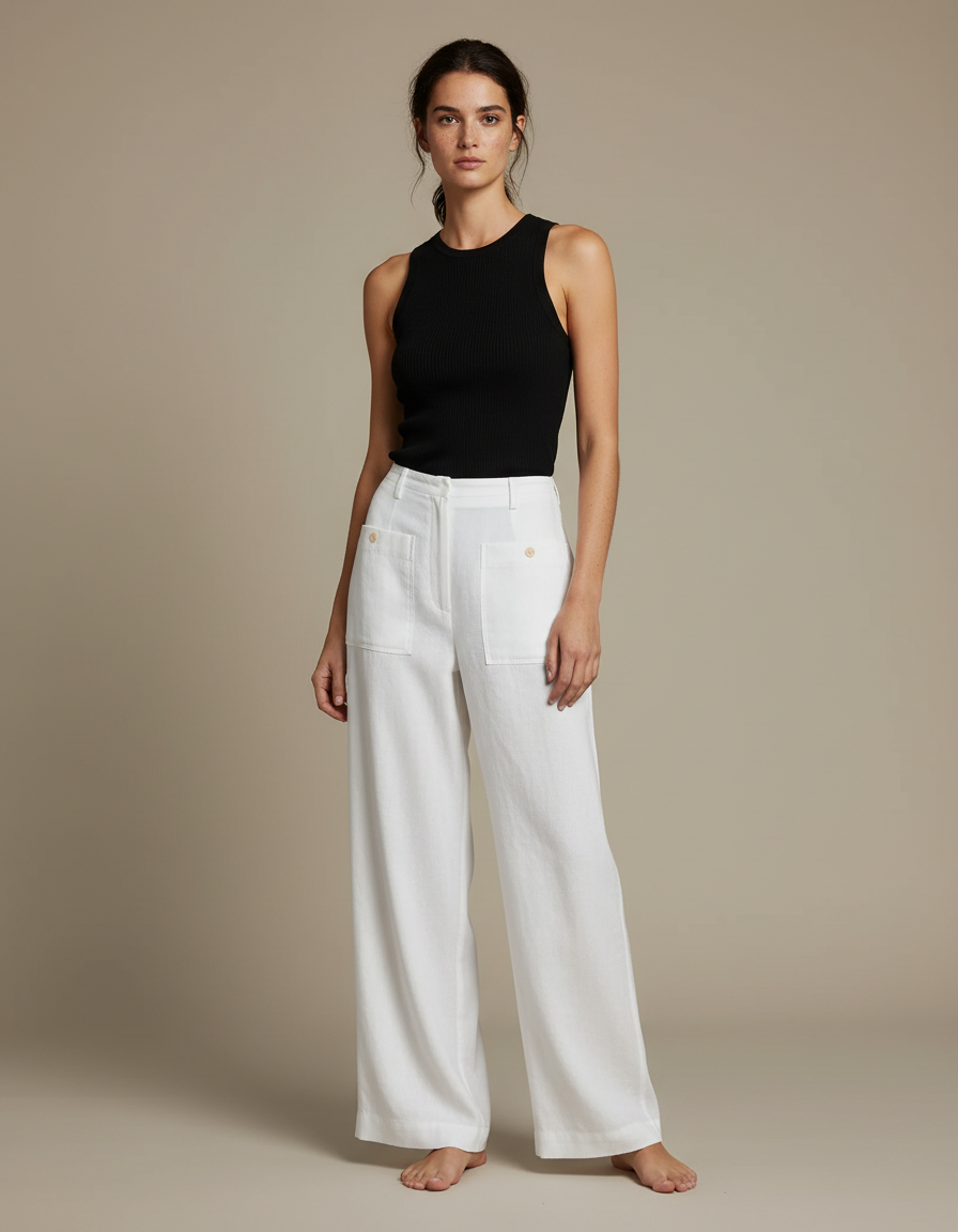 Pantalon Fluide Blanc Ample Coton Lin Décontracté