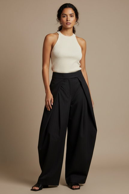 Pantalon Fluide A Rayure - Noir Viscose