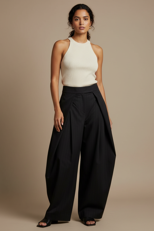 Pantalon Fluide A Rayure - Noir Viscose