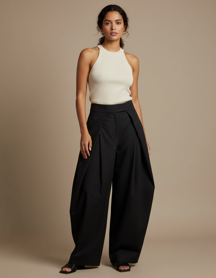 Pantalon Fluide A Rayure - Noir Viscose