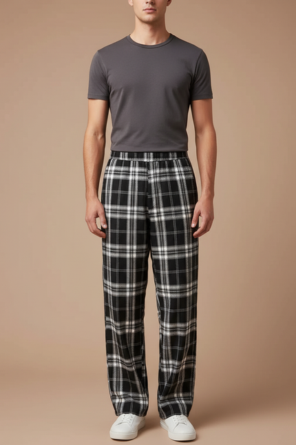 Pantalon Fluide Carreaux Noir Blanc Ample Homme - Multicolore Laine