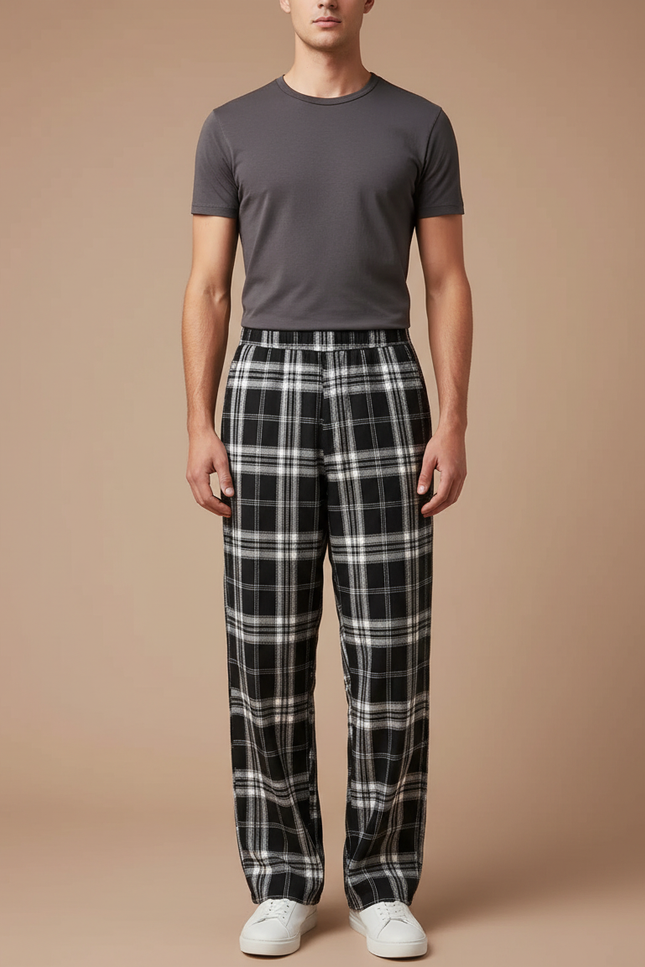 Pantalon Fluide Carreaux Noir Blanc Ample Homme - Multicolore Laine