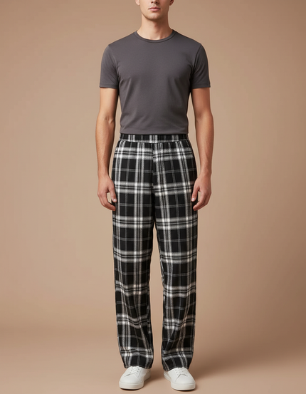 Pantalon Fluide Carreaux Noir Blanc Ample Homme - Multicolore Laine