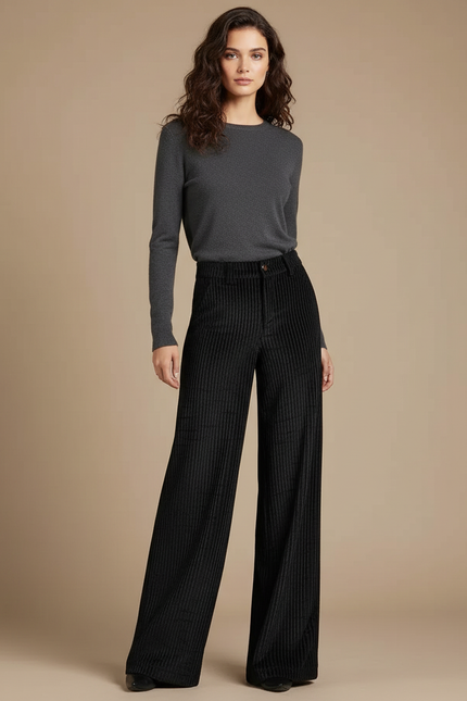 Pantalon Fluide Noir Côtelé Ample Taille Haute - Cordé