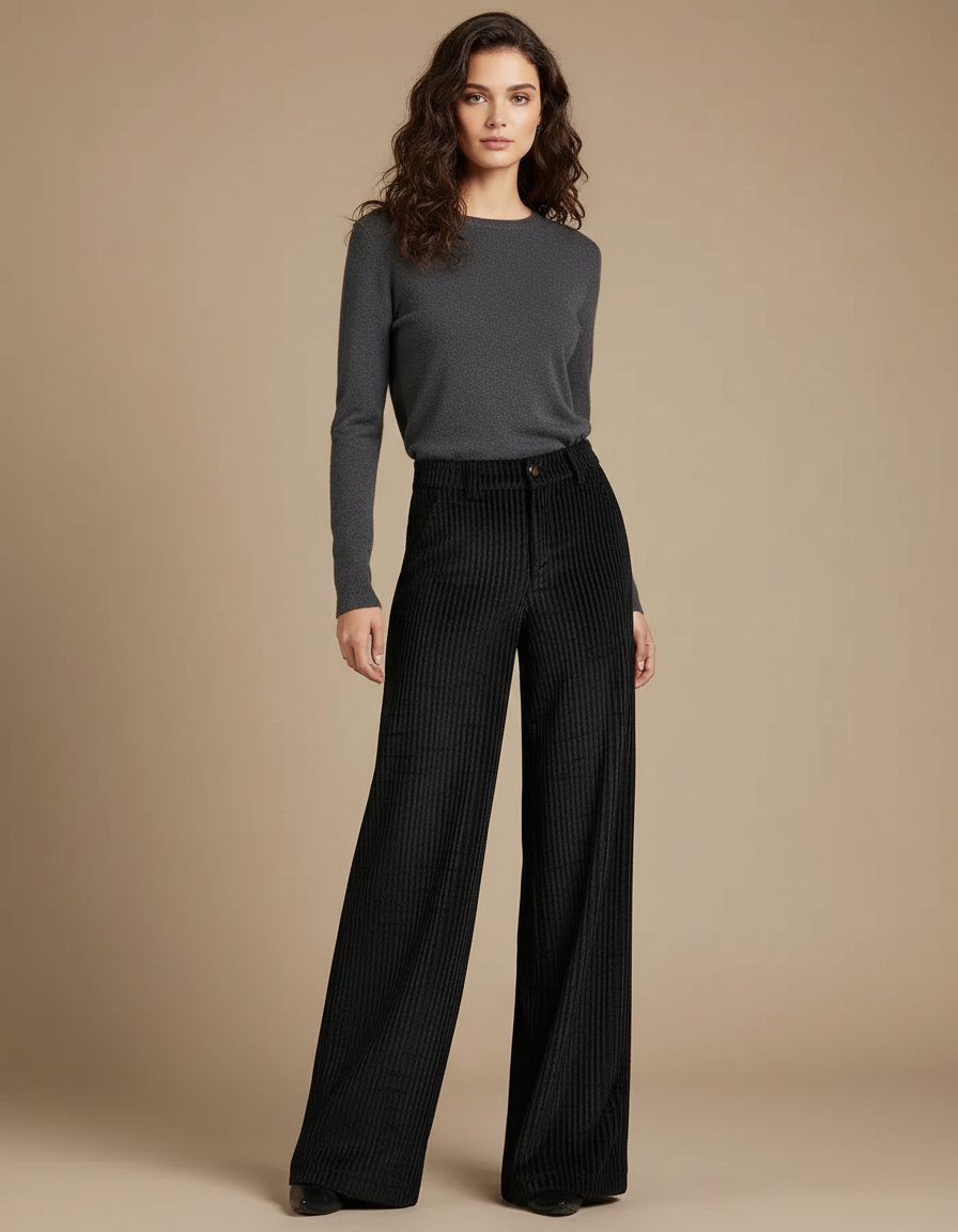 Pantalon Fluide Noir Côtelé Ample Taille Haute - Cordé