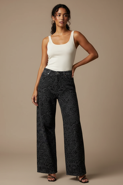 Pantalon Fluide Noir Imprimé Paisley Pailleté Large Femme - Jean