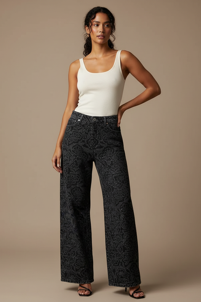Pantalon Fluide Noir Imprimé Paisley Pailleté Large Femme - Jean
