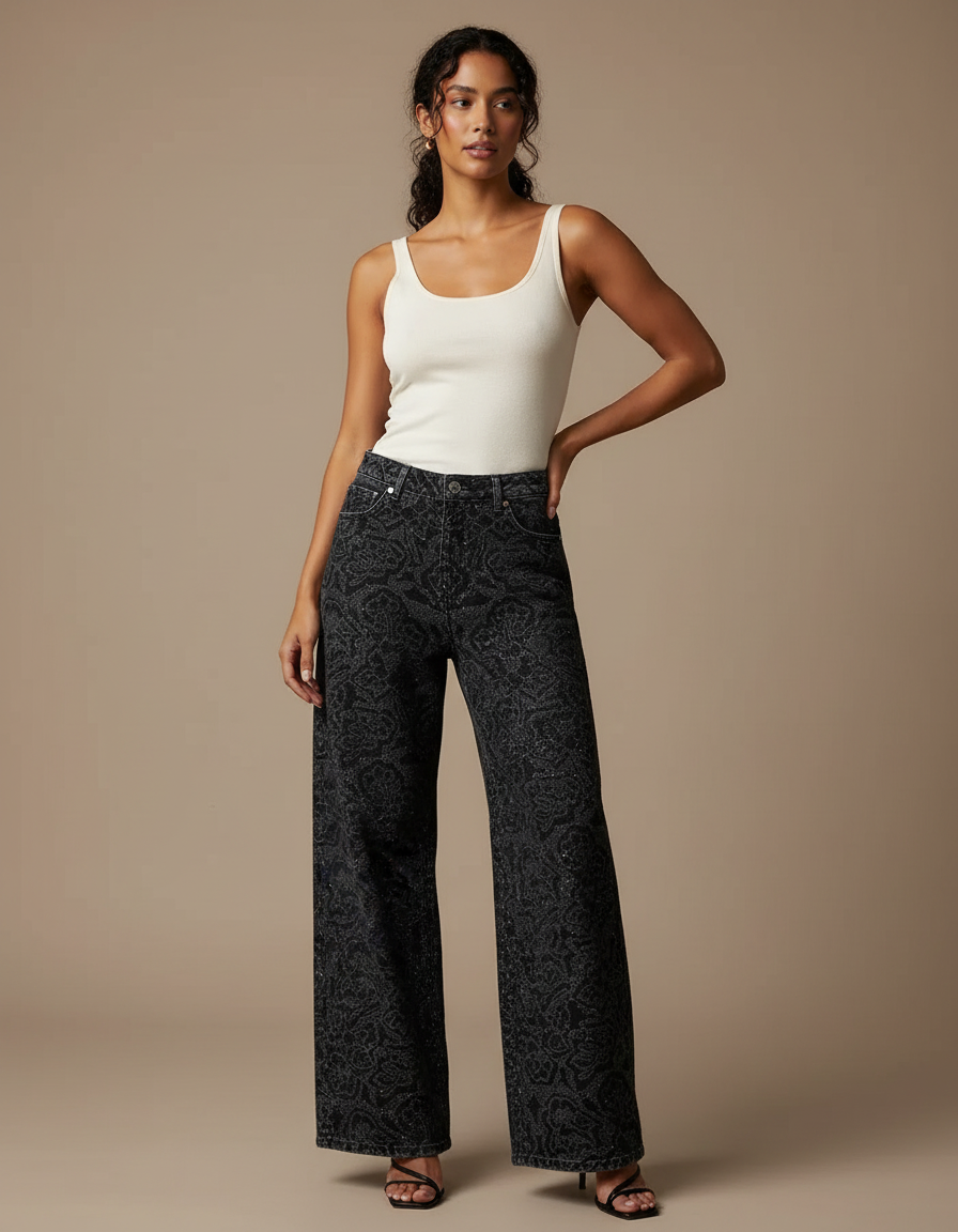 Pantalon Fluide Noir Imprimé Paisley Pailleté Large Femme - Jean