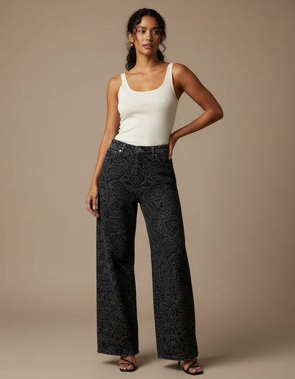Pantalon Fluide Noir Imprimé Paisley Pailleté Large Femme - Jean