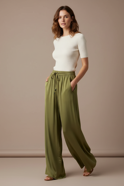 Pantalon Fluide Vert Ample Satiné Taille Élastique