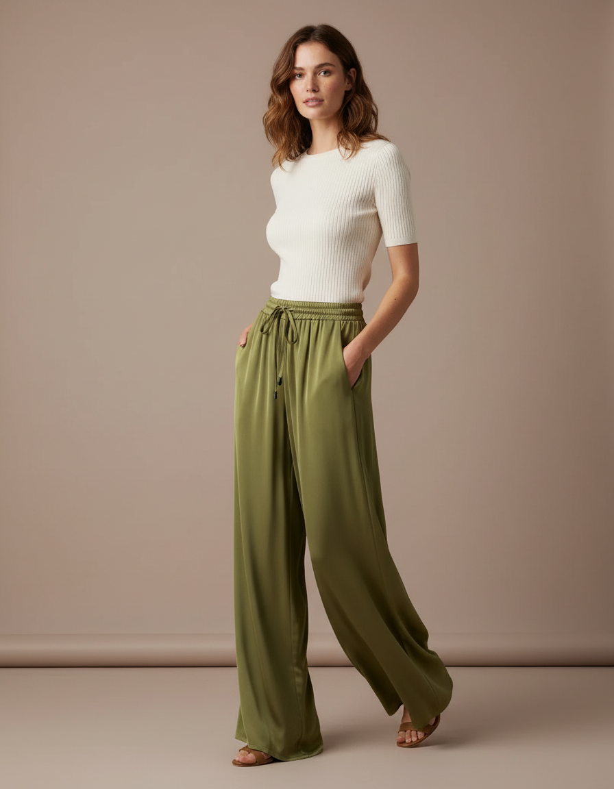 Pantalon Fluide Vert Ample Satiné Taille Élastique