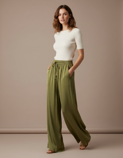 Pantalon Fluide Vert Ample Satiné Taille Élastique
