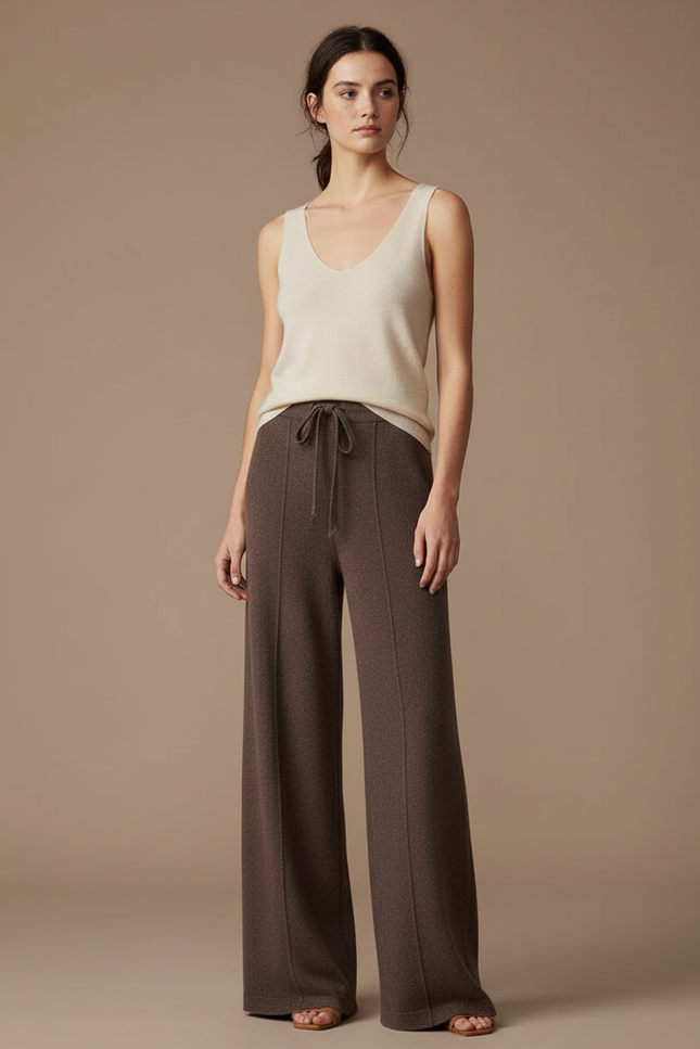 Pantalon Fluide Marron Tricot Ample Cordon Femme - Maille