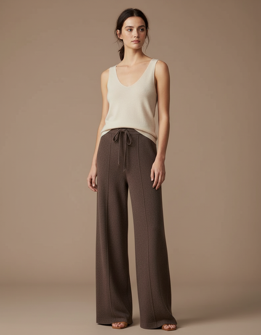 Pantalon Fluide Marron Tricot Ample Cordon Femme - Maille