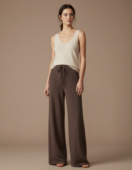 Pantalon Fluide Marron Tricot Ample Cordon Femme - Maille