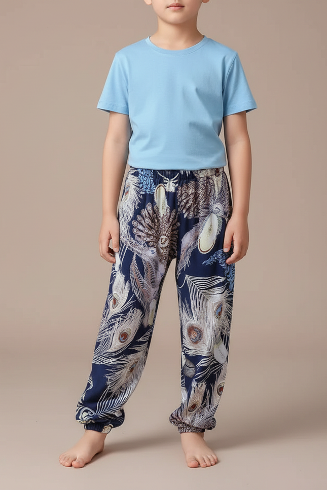 Pantalon Fluide Bleu Marine Imprimé Plumes Ample Coton