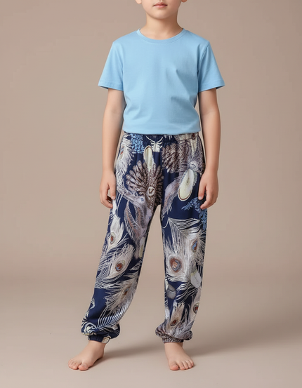 Pantalon Fluide Bleu Marine Imprimé Plumes Ample Coton