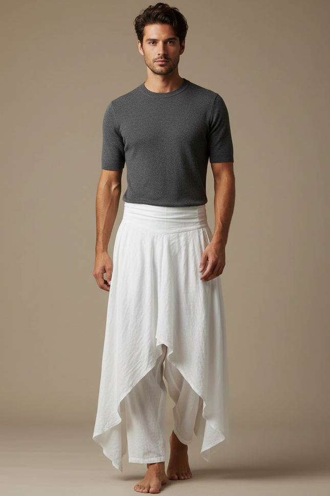 Pantalon Fluide Blanc Ample Sarouel Asymétrique Coton Homme - Lin