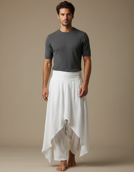 Pantalon Fluide Blanc Ample Sarouel Asymétrique Coton Homme - Lin